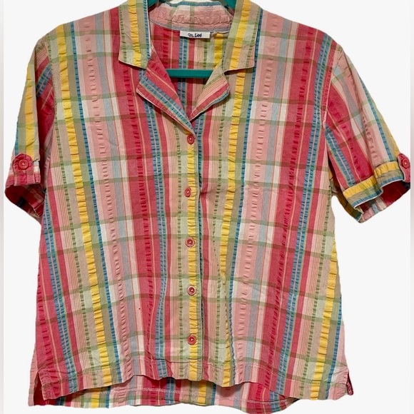 Ms Lee Coastalcore Rainbow Plaid Button Up Top Seersucker Retro Y2K‎ Size 6/8 - Picture 2 of 9